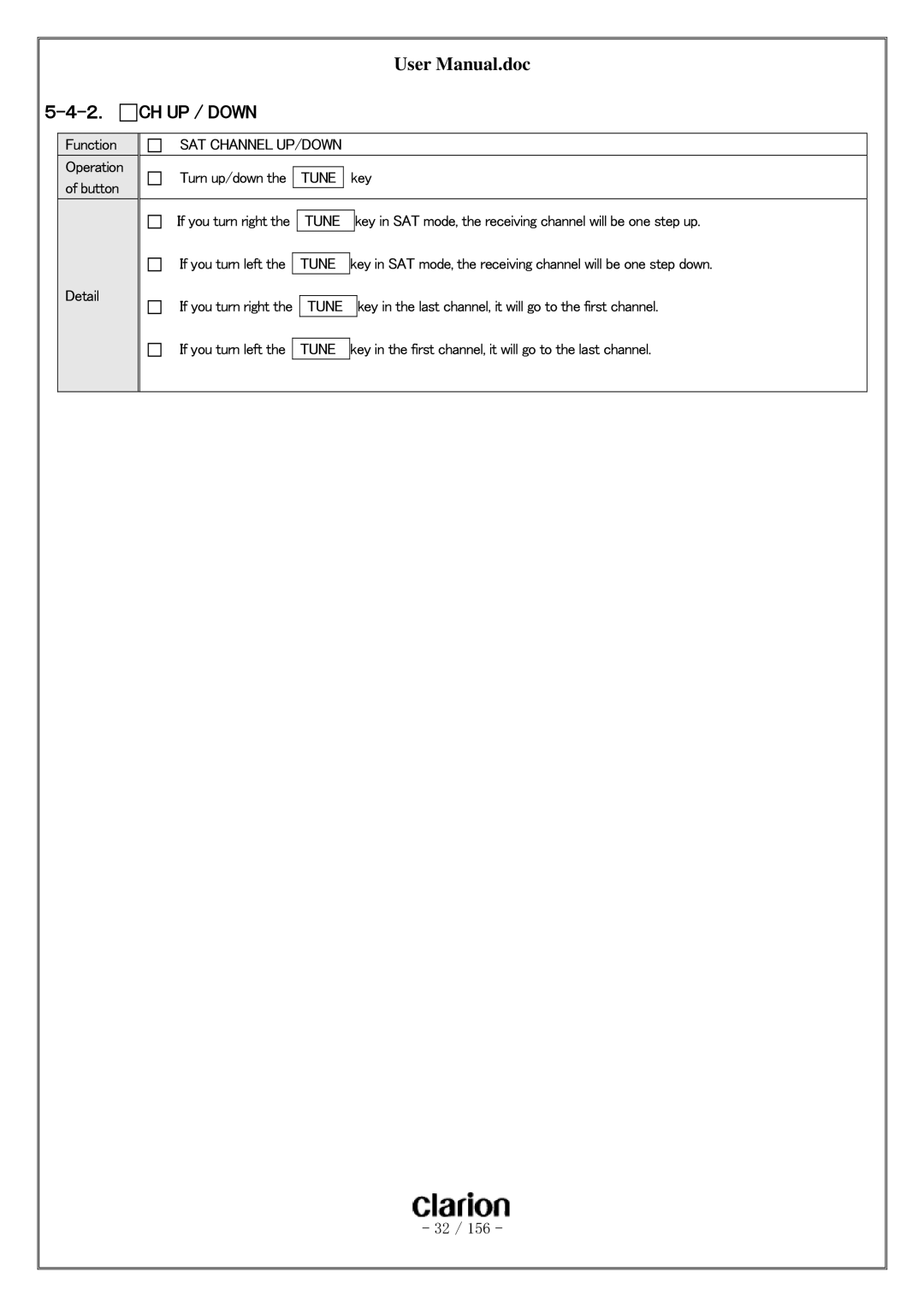 Clarion PF-3380I-A user manual CH UP / Down, Tune 