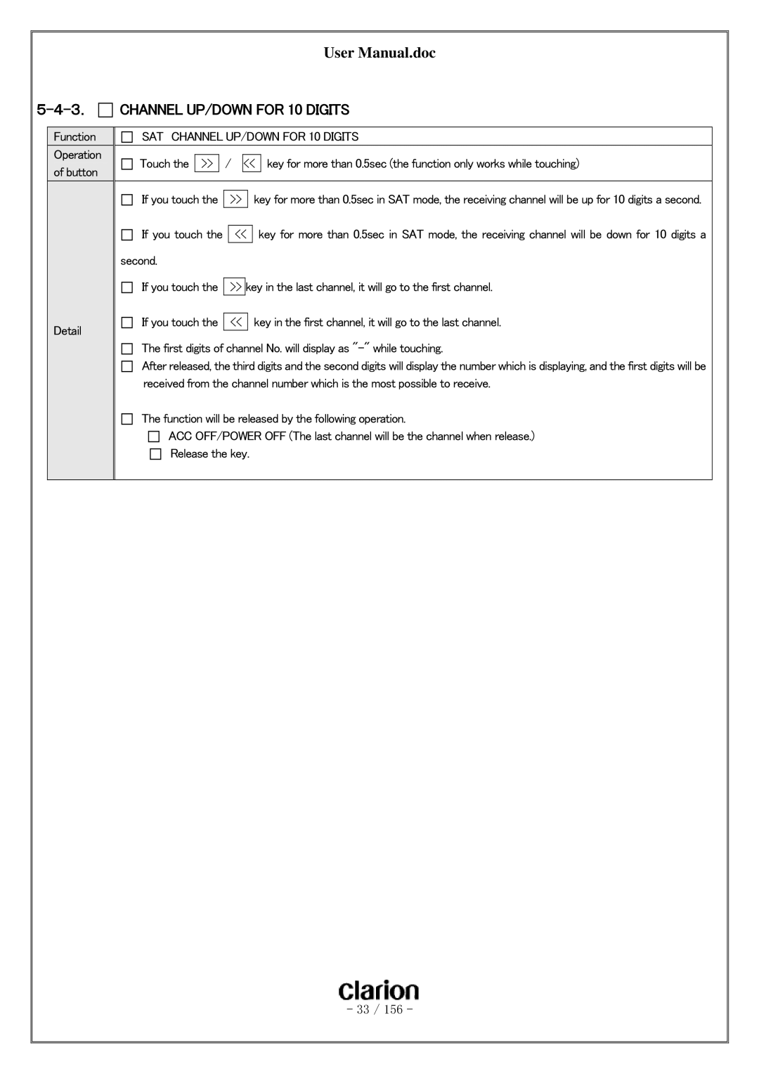 Clarion PF-3380I-A user manual ３． Channel UP/DOWN for 10 Digits, SAT Channel UP/DOWN for 10 Digits 