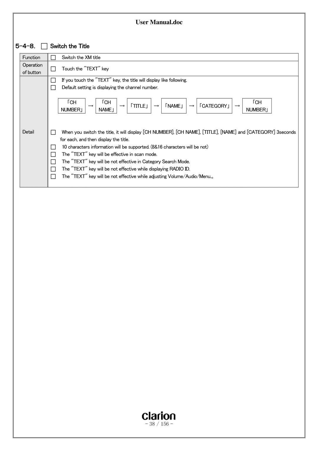 Clarion PF-3380I-A user manual ８． Switch the Title, 「Ch 「Title」 「Name」 「Category」 