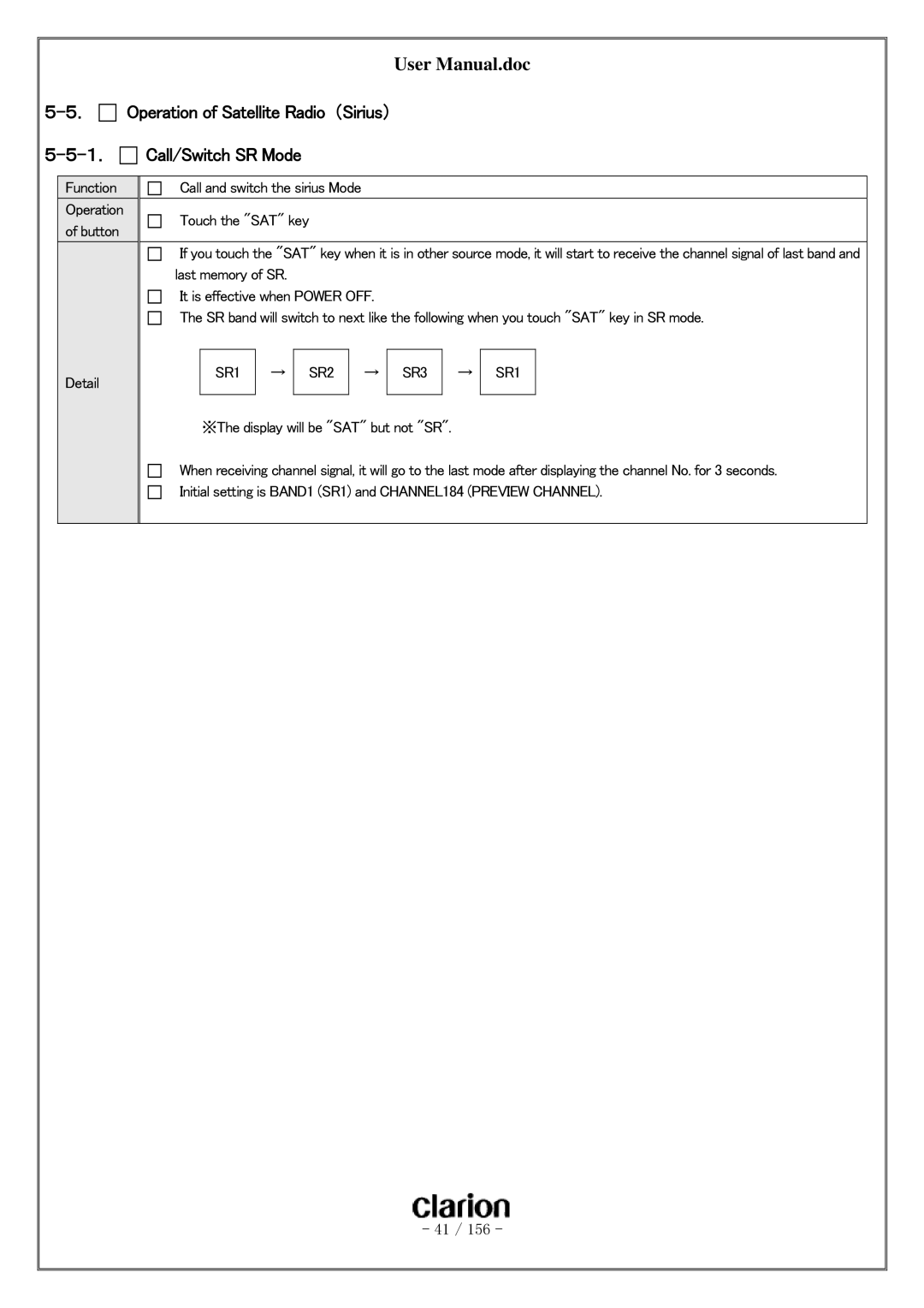 Clarion PF-3380I-A user manual Operation of Satellite Radio （Sirius） Call/Switch SR Mode, SR1 SR2 SR3 