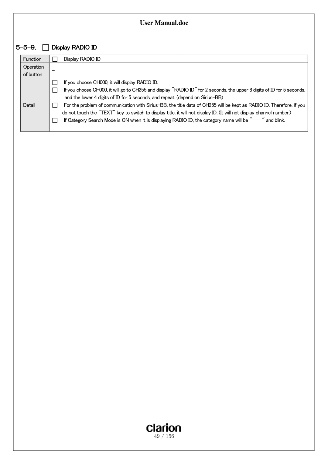 Clarion PF-3380I-A user manual ９． Display Radio ID 