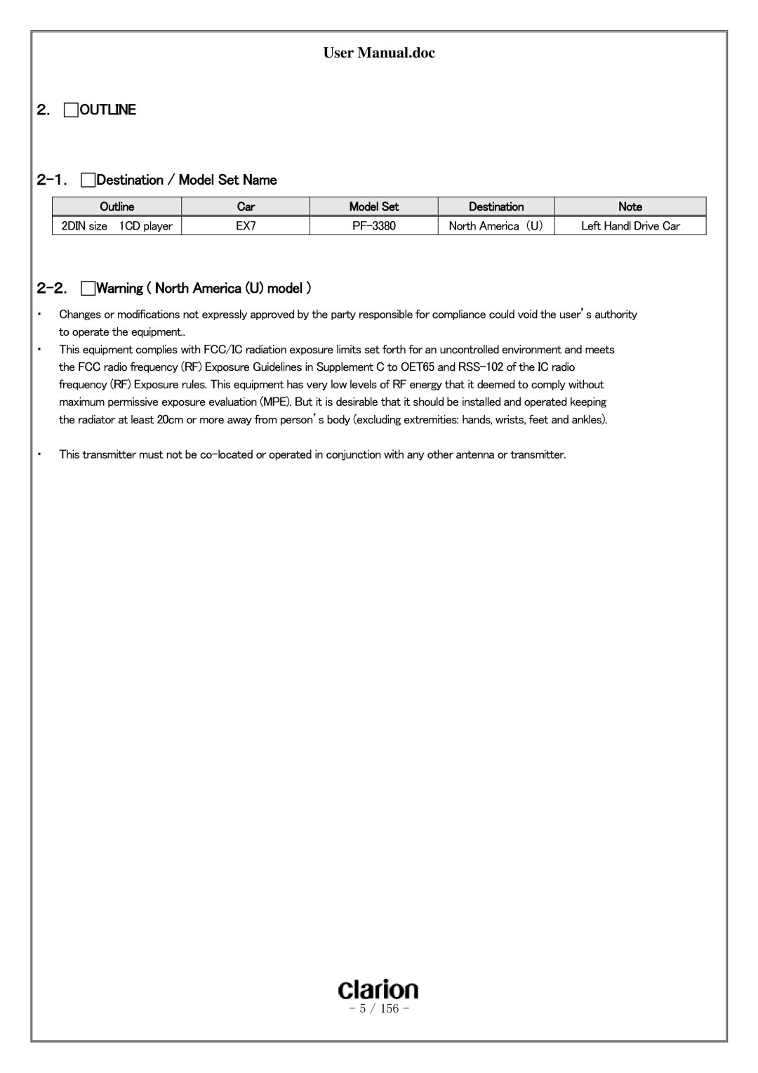 Clarion PF-3380I-A user manual ． Outline, ． Warning North America U model 