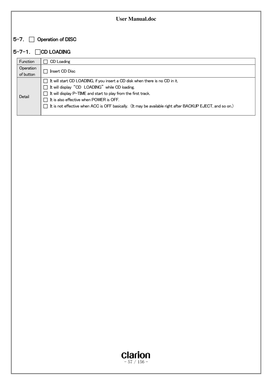 Clarion PF-3380I-A user manual ． Operation of Disc １． CD Loading 