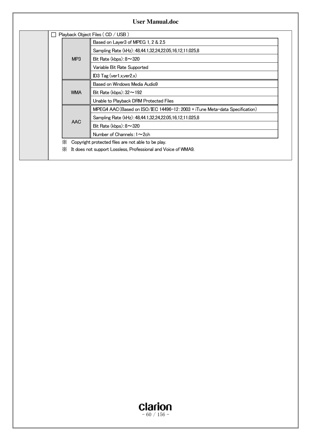 Clarion PF-3380I-A user manual MP3, Wma, Aac 