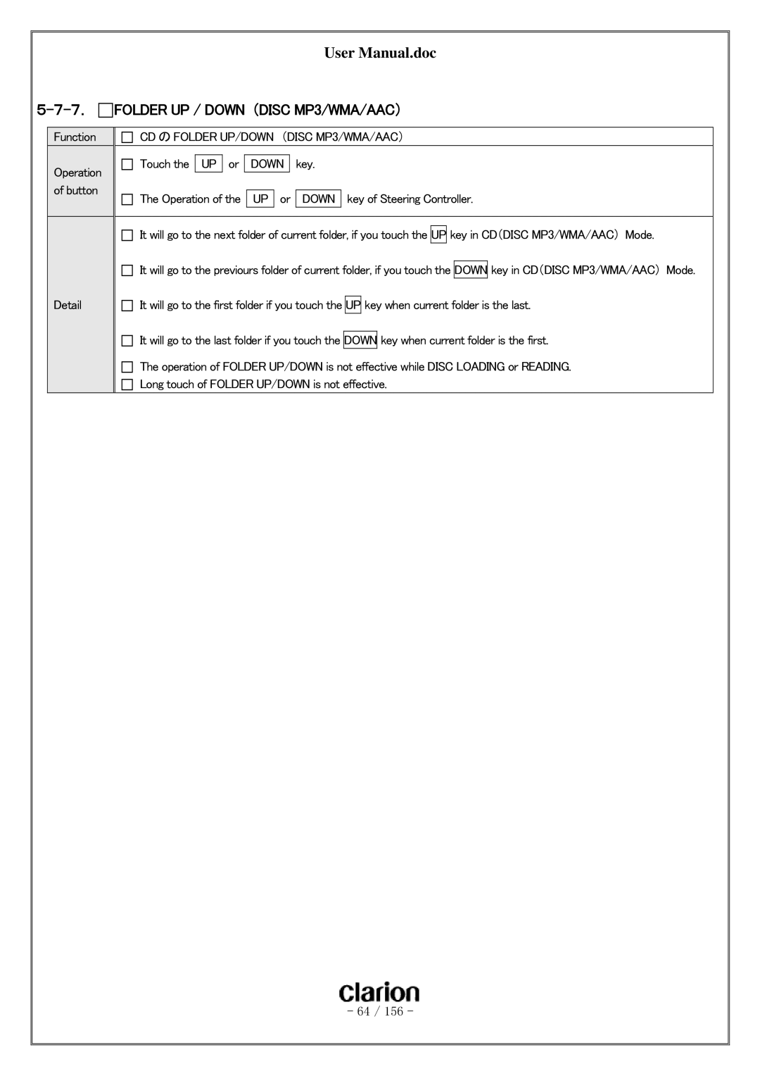 Clarion PF-3380I-A user manual Folder UP / Down （DISC MP3/WMA/AAC）, Key of Steering Controller 