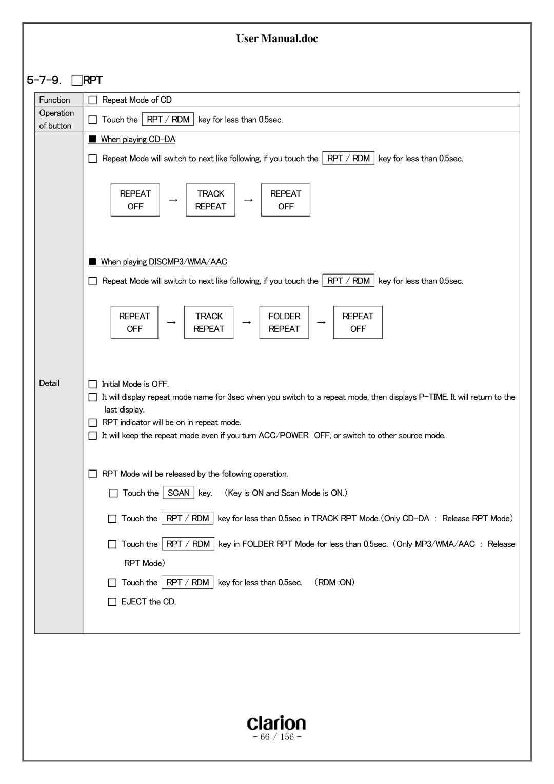 Clarion PF-3380I-A user manual ９． RPT, Repeat Track OFF, Folder, Repeat OFF 