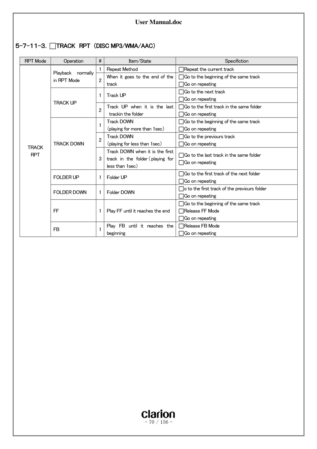 Clarion PF-3380I-A user manual １１-３． Track RPT （DISC MP3/WMA/AAC）, Folder UP 