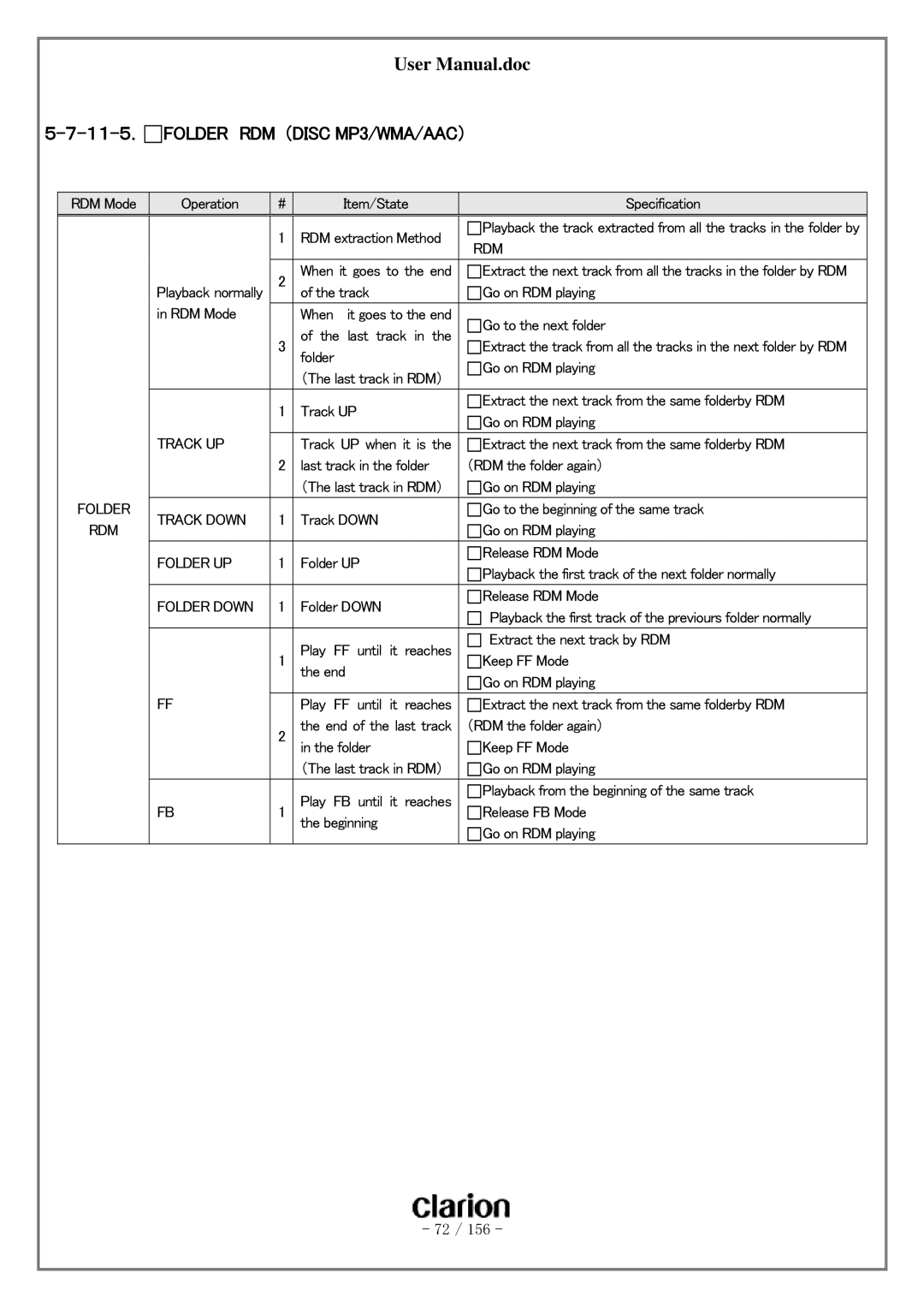 Clarion PF-3380I-A user manual １１-５． Folder RDM （DISC MP3/WMA/AAC）, Folder Track Down 