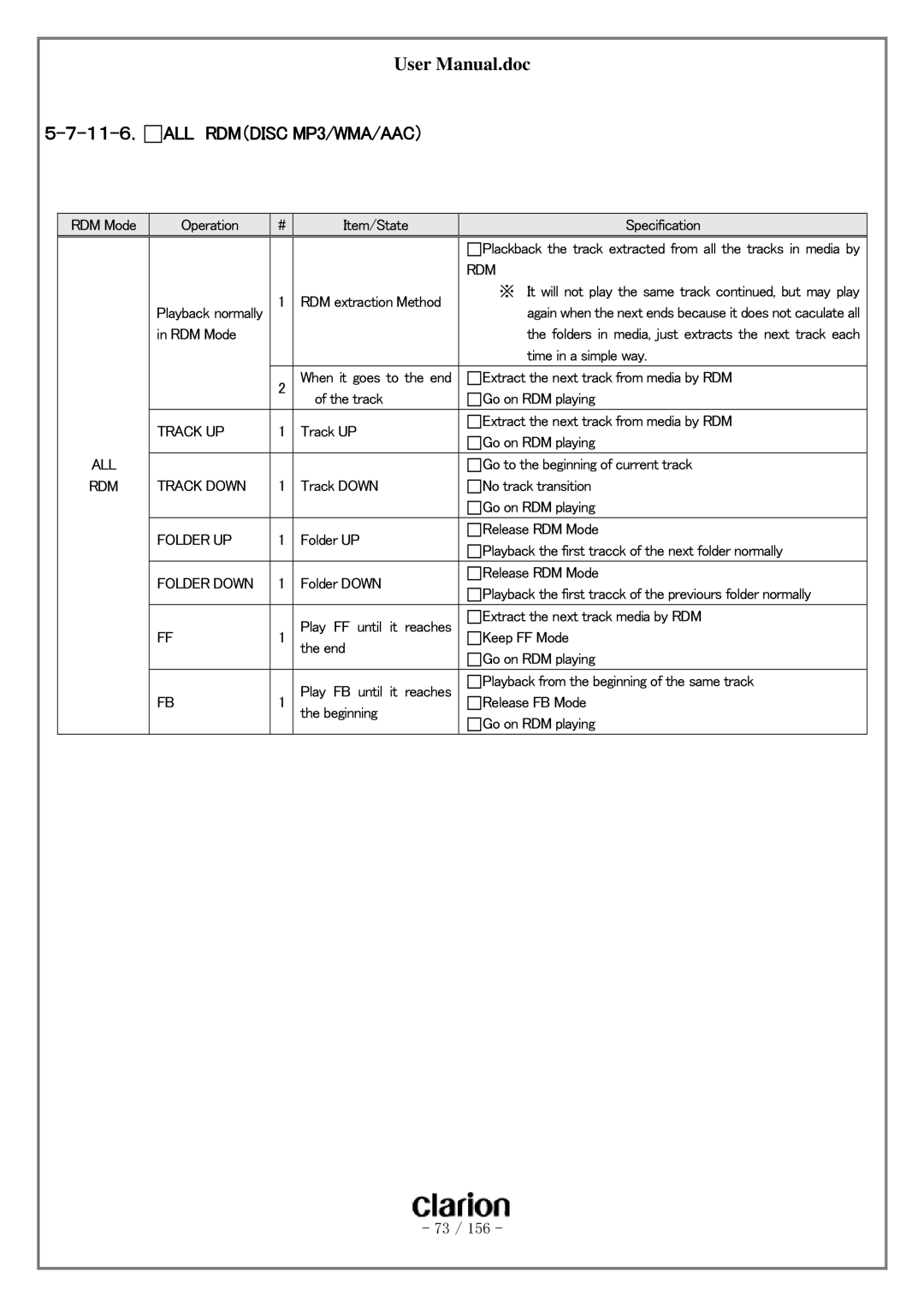 Clarion PF-3380I-A user manual １１-６． ALL RDM（DISC MP3/WMA/AAC）, RDM Track Down 