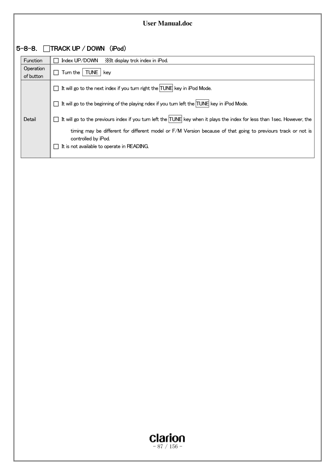 Clarion PF-3380I-A user manual Track UP / Down （iPod）, Tune 