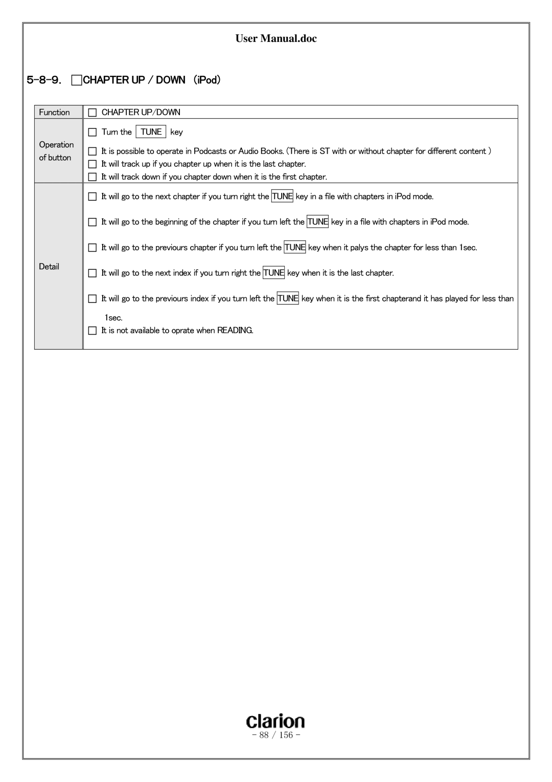 Clarion PF-3380I-A user manual ９． Chapter UP / Down （iPod）, Chapter UP/DOWN 