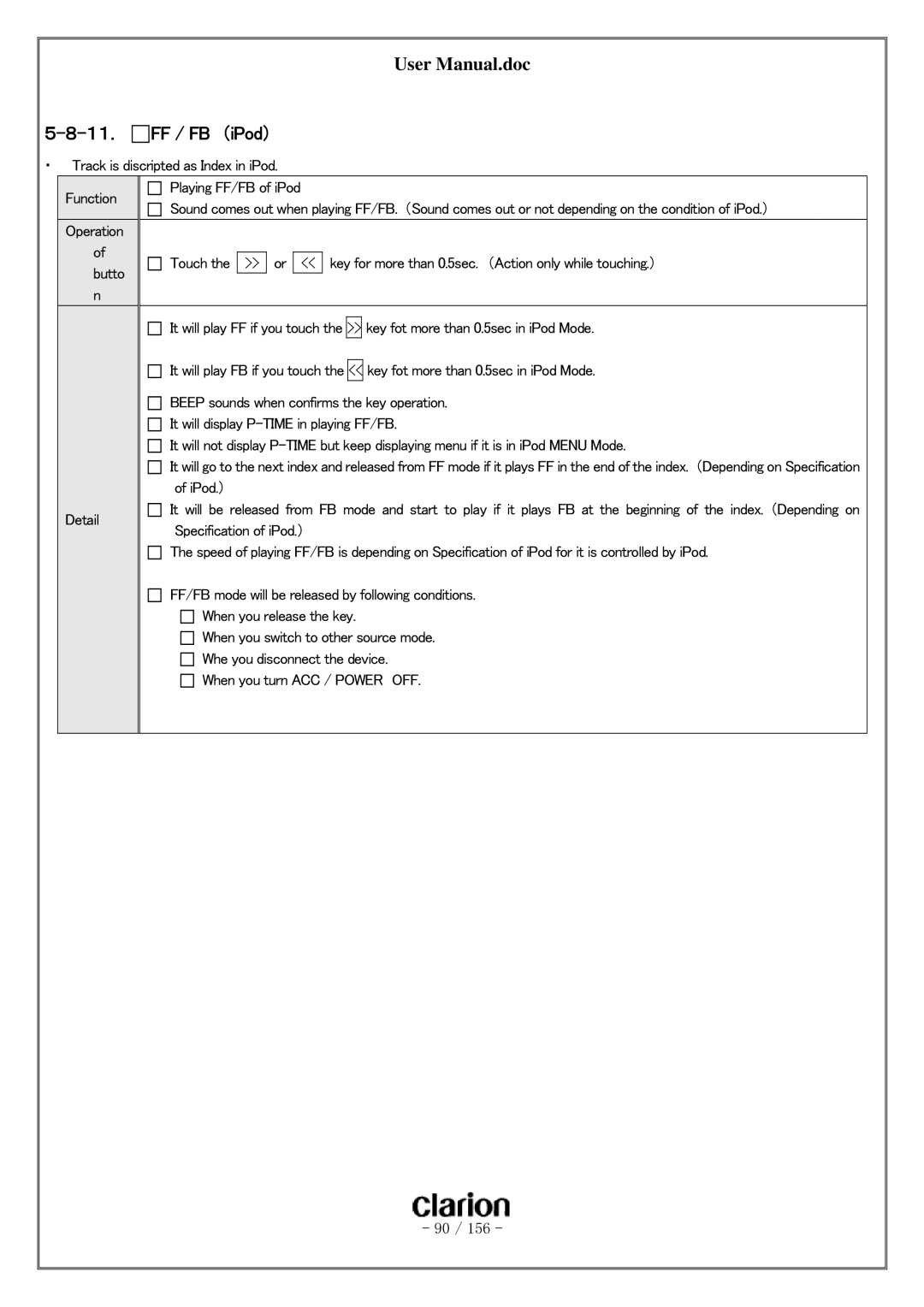 Clarion PF-3380I-A user manual １１． FF / FB （iPod） 