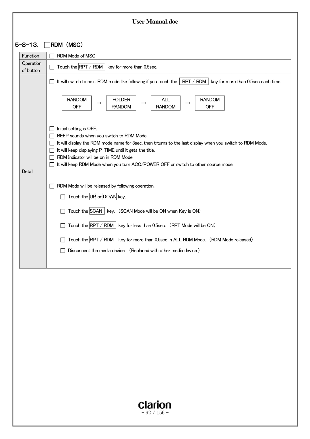 Clarion PF-3380I-A user manual １３． RDM （MSC）, Random 