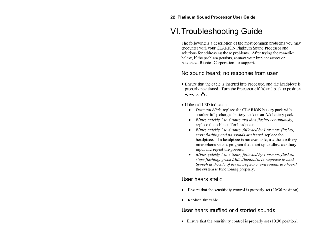 Clarion Platinum Sound Processor manual VI. Troubleshooting Guide, No sound heard no response from user, User hears static 