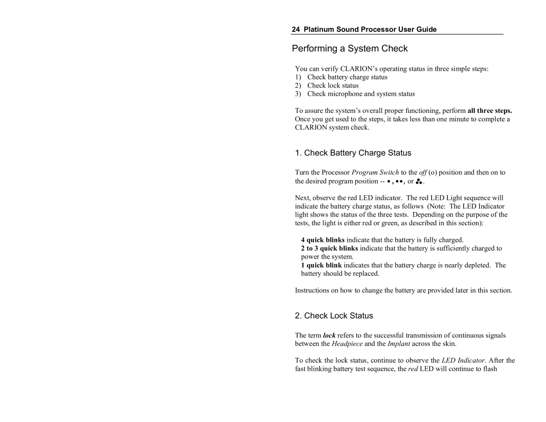 Clarion Platinum Sound Processor manual Performing a System Check, Check Battery Charge Status, Check Lock Status 