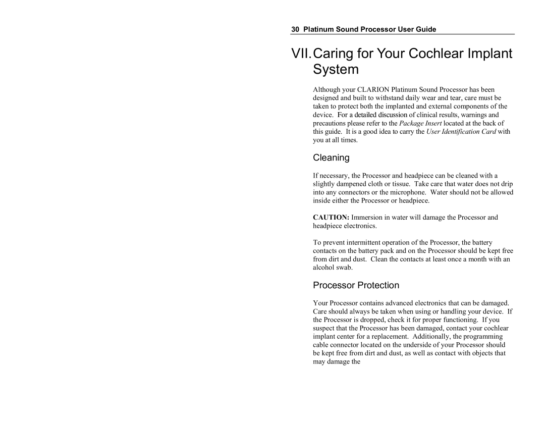 Clarion Platinum Sound Processor manual VII.Caring for Your Cochlear Implant System, Cleaning, Processor Protection 