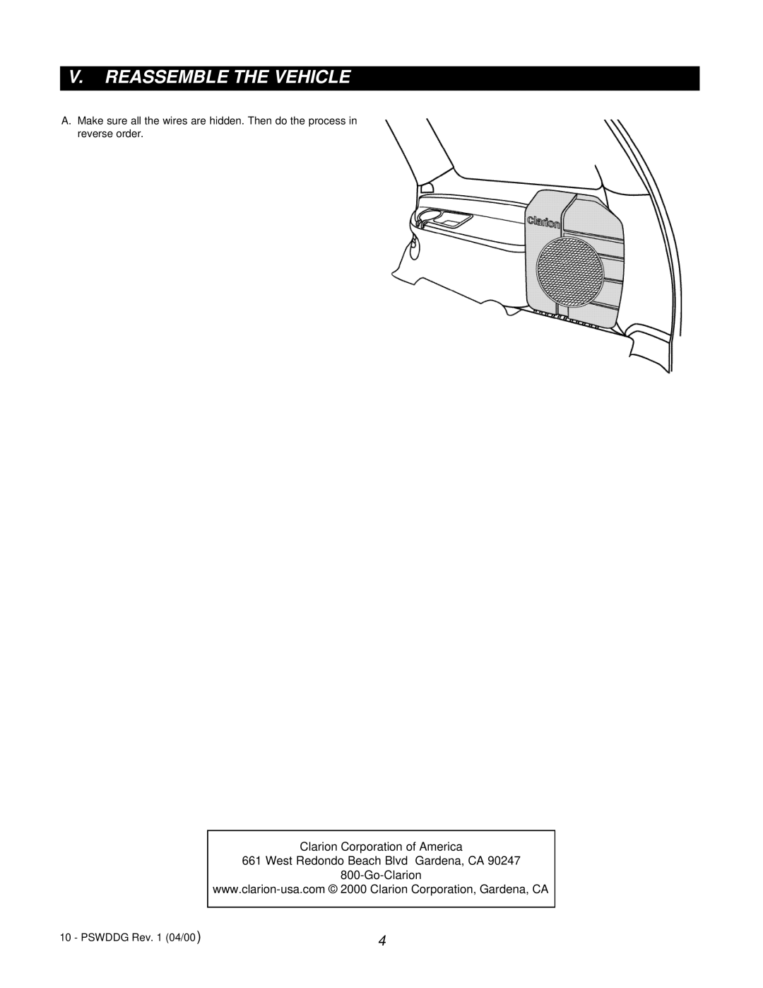 Clarion PSW-D-DGIG manual Reassemble the Vehicle 