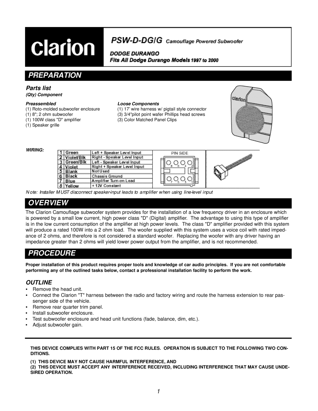 Clarion PSW-D-DGIG manual Preparation, Overview, Procedure, Parts list, Outline 
