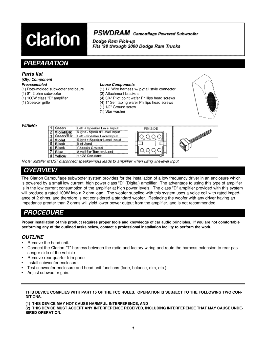 Clarion PSWDRAM manual Preparation, Overview, Procedure, Qty Component Preassembled Loose Components 