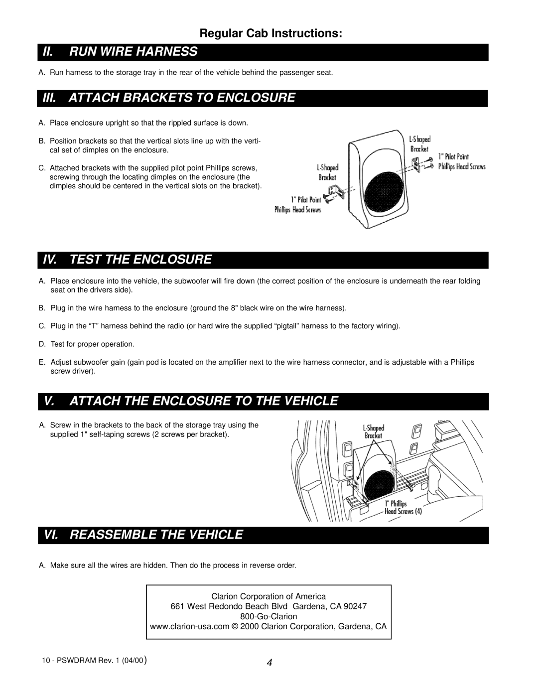 Clarion PSWDRAM manual Regular Cab Instructions 