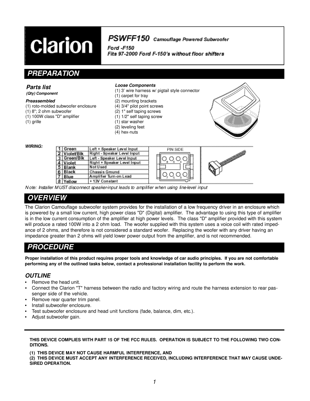 Clarion PSWFF150 manual Preparation, Overview, Procedure, Parts list, Outline 