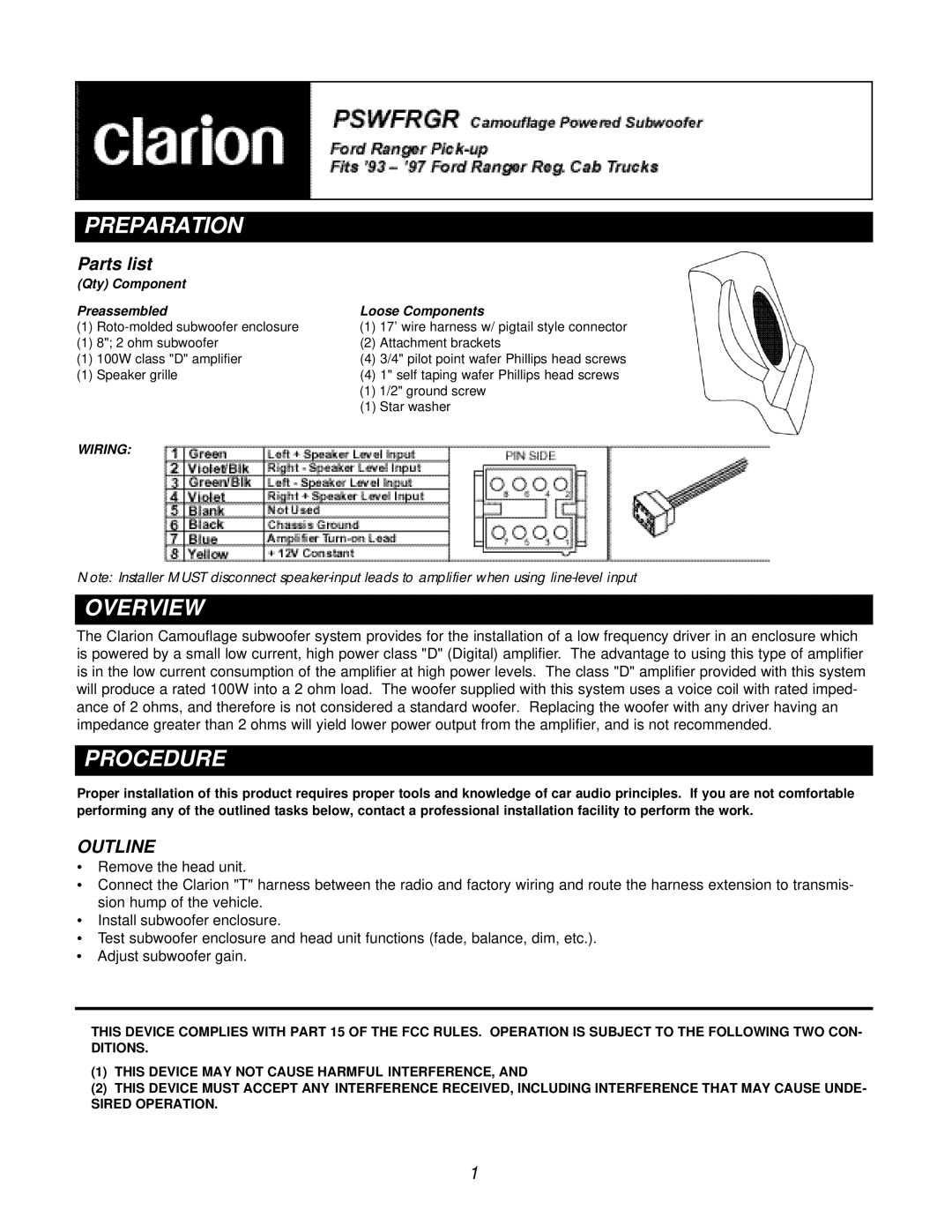 Clarion PSWFRGR manual Preparation, Overview, Procedure, Qty Component Preassembled Loose Components 