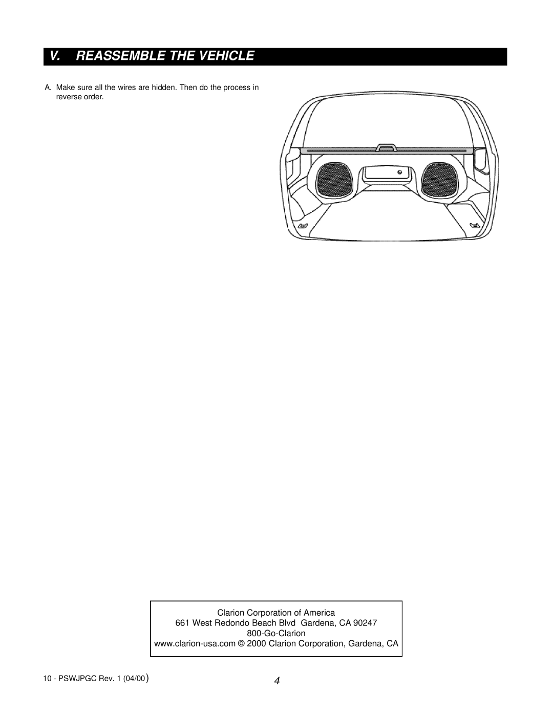 Clarion PSWJPGC manual Reassemble the Vehicle 