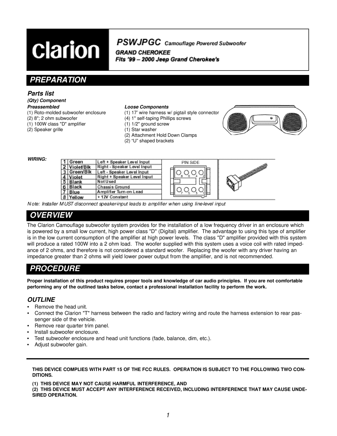 Clarion PSWJPGC manual Preparation, Overview, Procedure, Parts list, Outline 