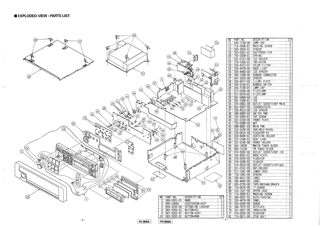 Clarion PU-9836A service manual Exploded View Parts List 