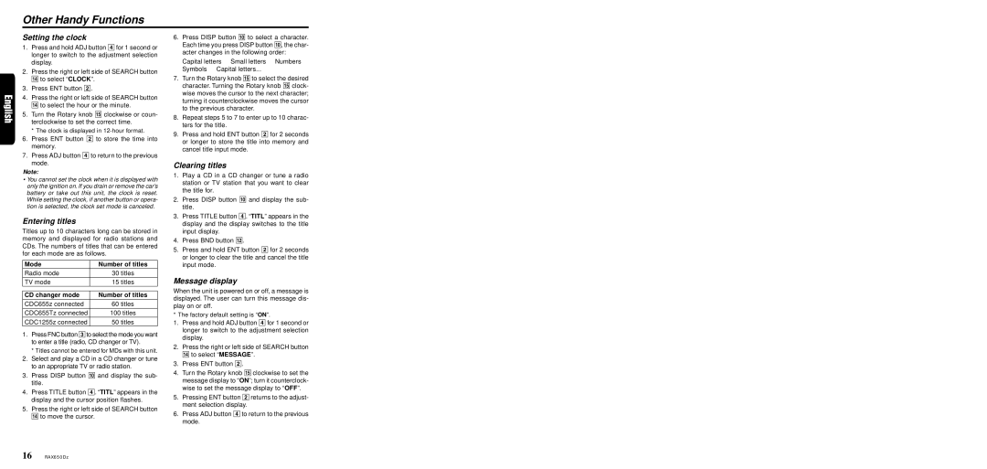 Clarion RAX650Dz owner manual Other Handy Functions, Setting the clock, Entering titles, Clearing titles, Message display 
