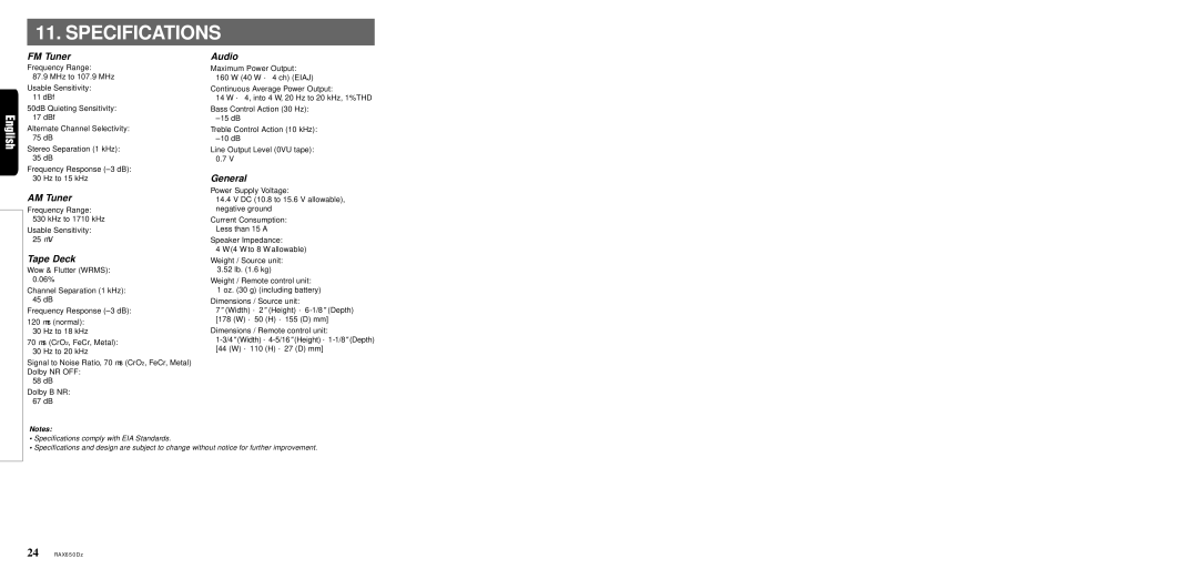 Clarion RAX650Dz owner manual Specifications 