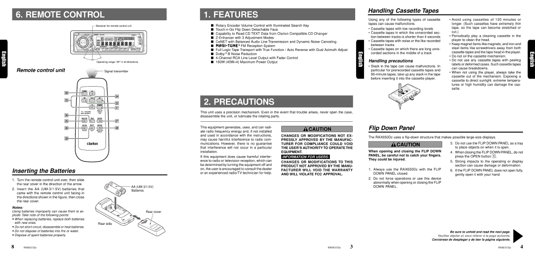 Clarion RAX650Dz owner manual Remote Control, Inserting the Batteries, Handling precautions 