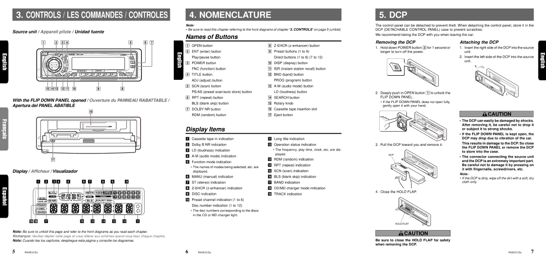 Clarion RAX650Dz owner manual Nomenclature, Names of Buttons, Display Items 