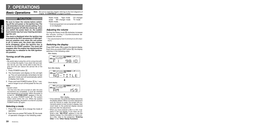 Clarion RAX650Dz owner manual Basic Operations 