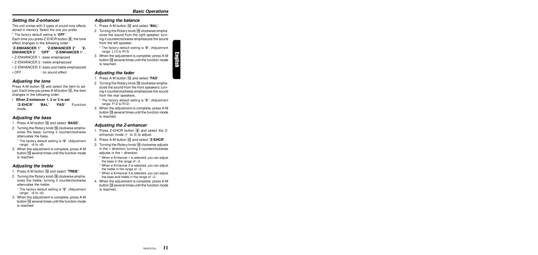 Clarion RAX650Dz Basic Operations Setting the Z-enhancer, Adjusting the tone, Adjusting the bass, Adjusting the treble 