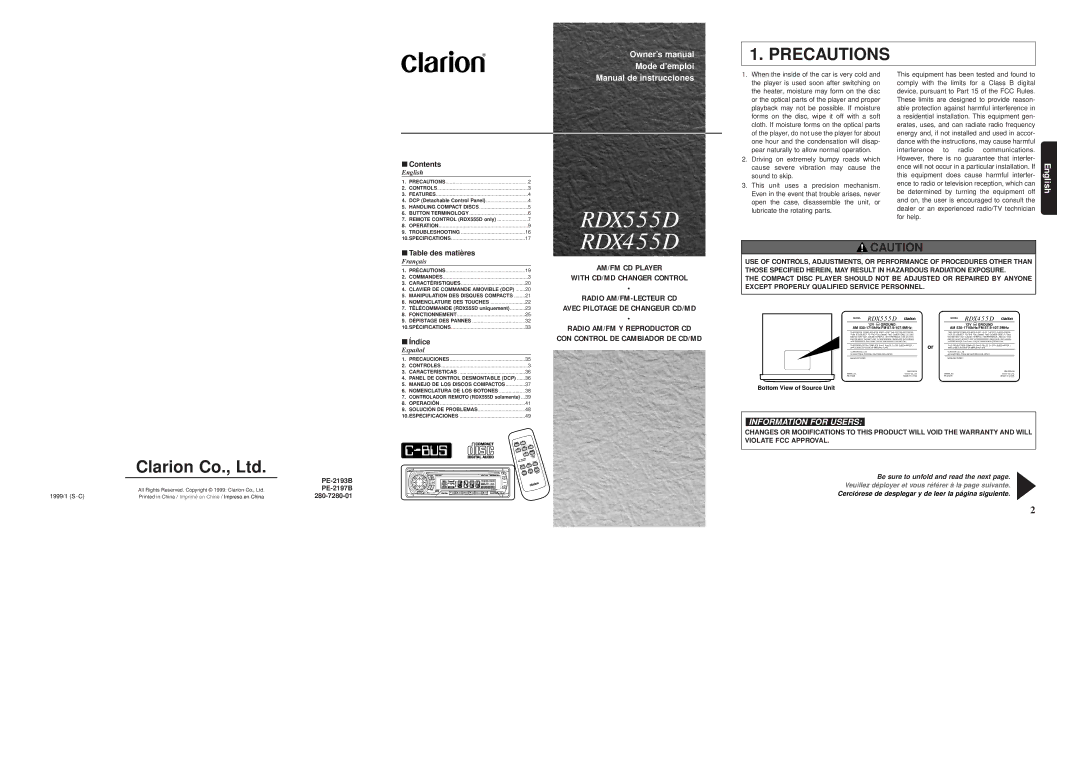 Clarion RDX455D, RDX555D owner manual Contents, Table des matières, Índice 