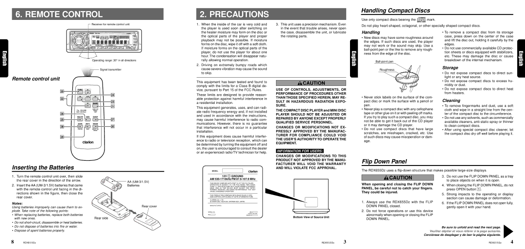 Clarion RDX655DZ owner manual Remote Control Precautions, Handling Compact Discs, Inserting the Batteries, Flip Down Panel 