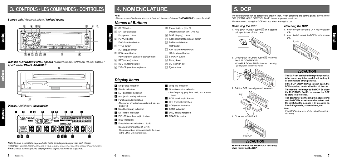 Clarion RDX655DZ owner manual Nomenclature, Names of Buttons, Display Items 