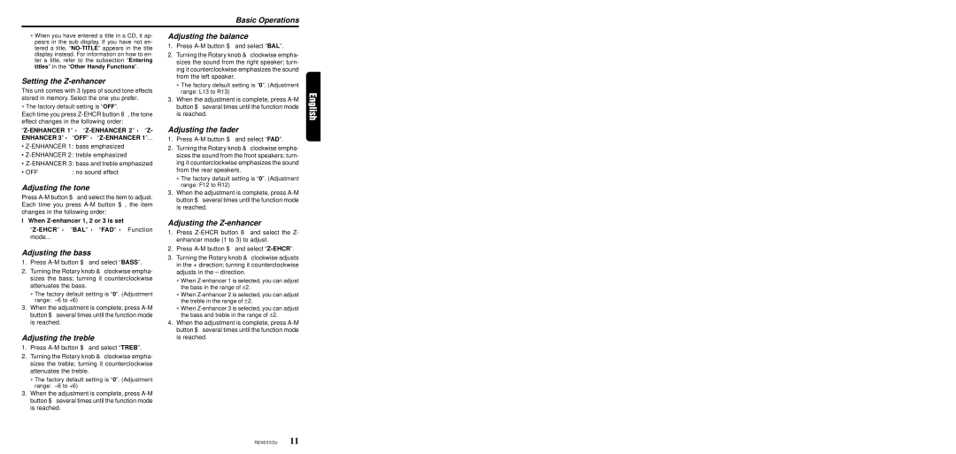 Clarion RDX655DZ Basic Operations, Setting the Z-enhancer, Adjusting the tone, Adjusting the bass, Adjusting the treble 