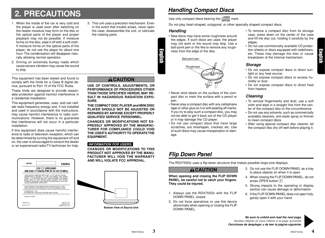 Clarion RDX755Dz owner manual Precautions, Handling Compact Discs, Flip Down Panel 