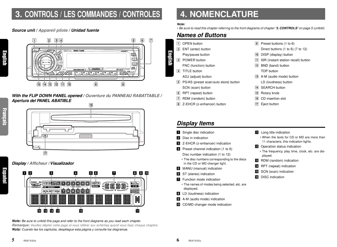 Clarion RDX755Dz owner manual Nomenclature, Names of Buttons, Display Items, Source unit / Appareil pilote / Unidad fuente 