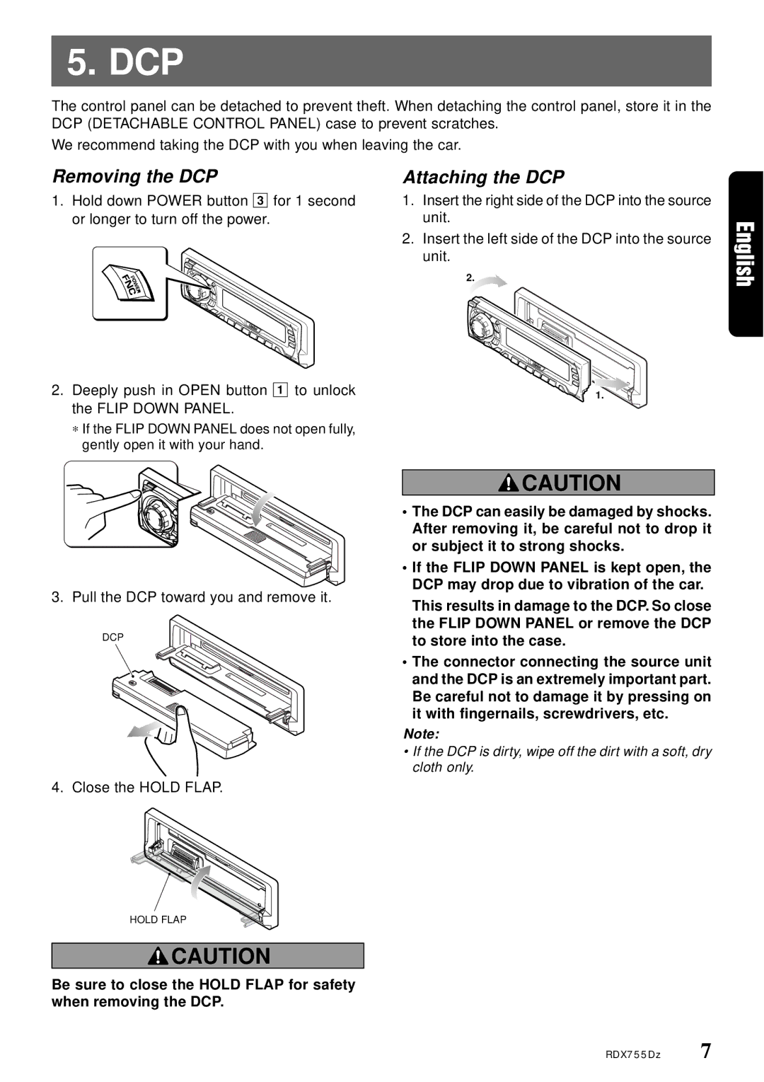 Clarion RDX755Dz owner manual Removing the DCP, Attaching the DCP 