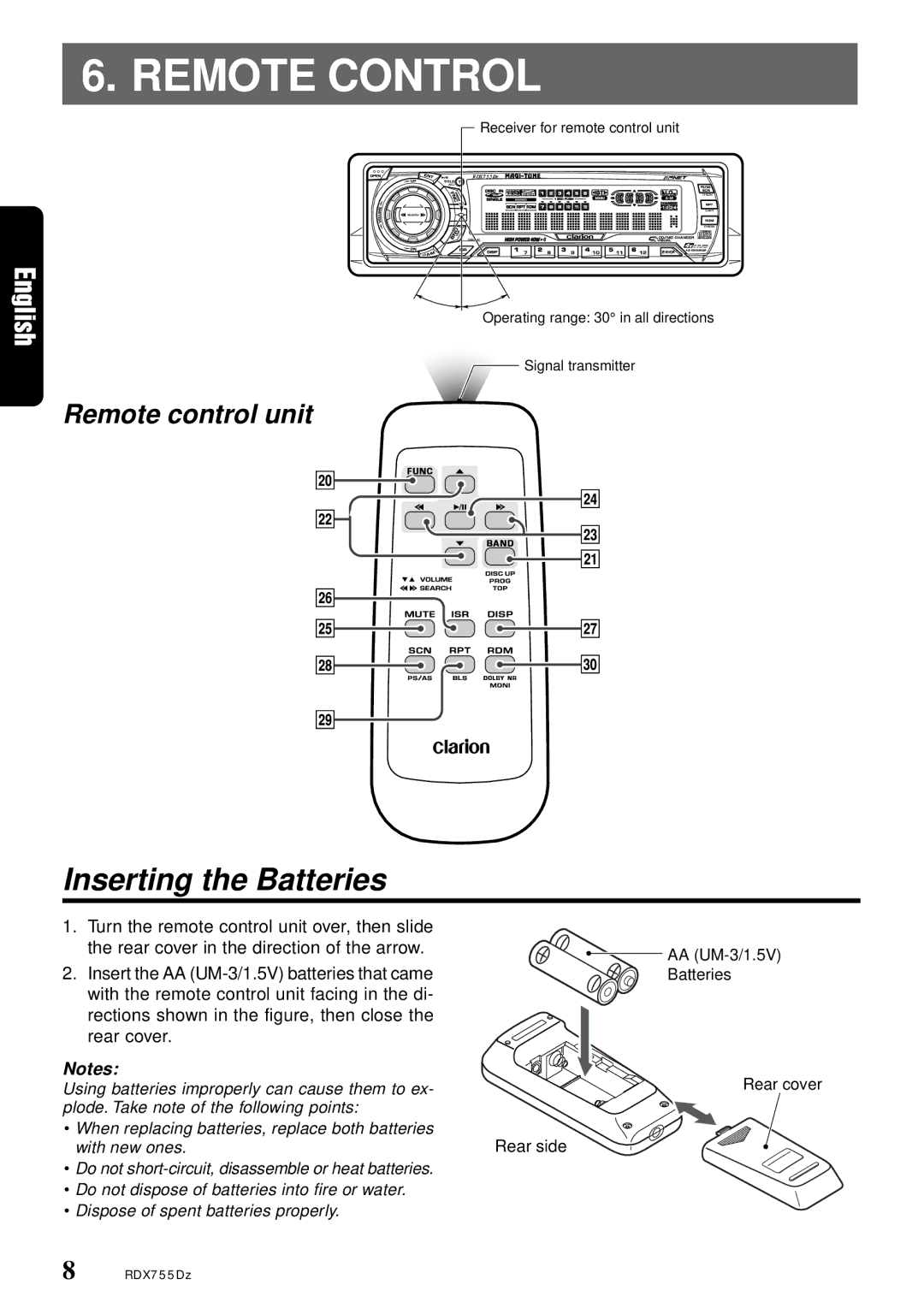 Clarion RDX755Dz owner manual Remote Control, Inserting the Batteries 