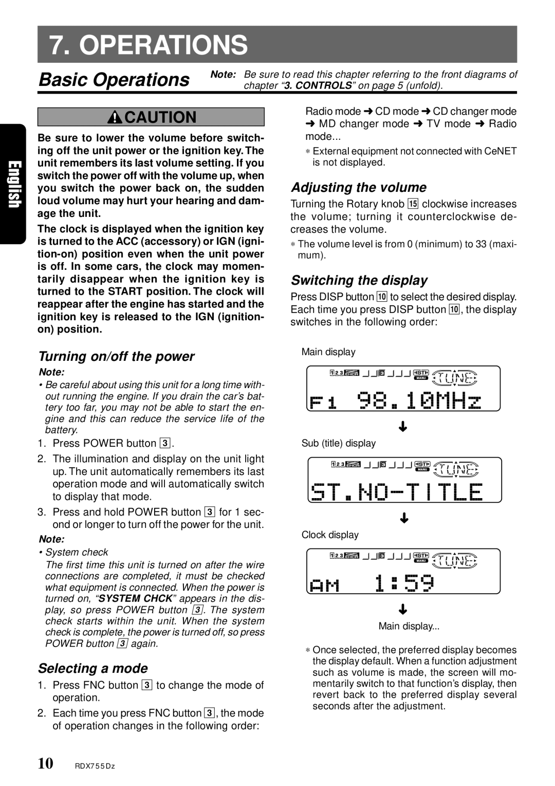 Clarion RDX755Dz owner manual Basic Operations 