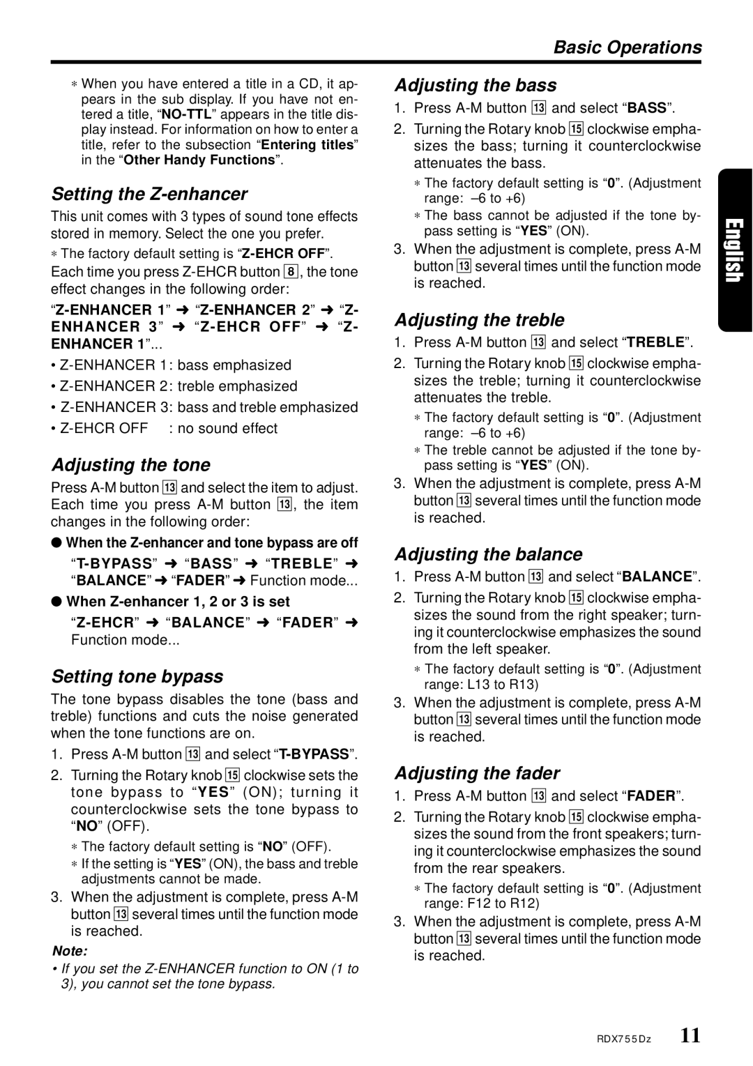 Clarion RDX755Dz Basic Operations, Setting the Z-enhancer, Adjusting the tone, Setting tone bypass, Adjusting the bass 