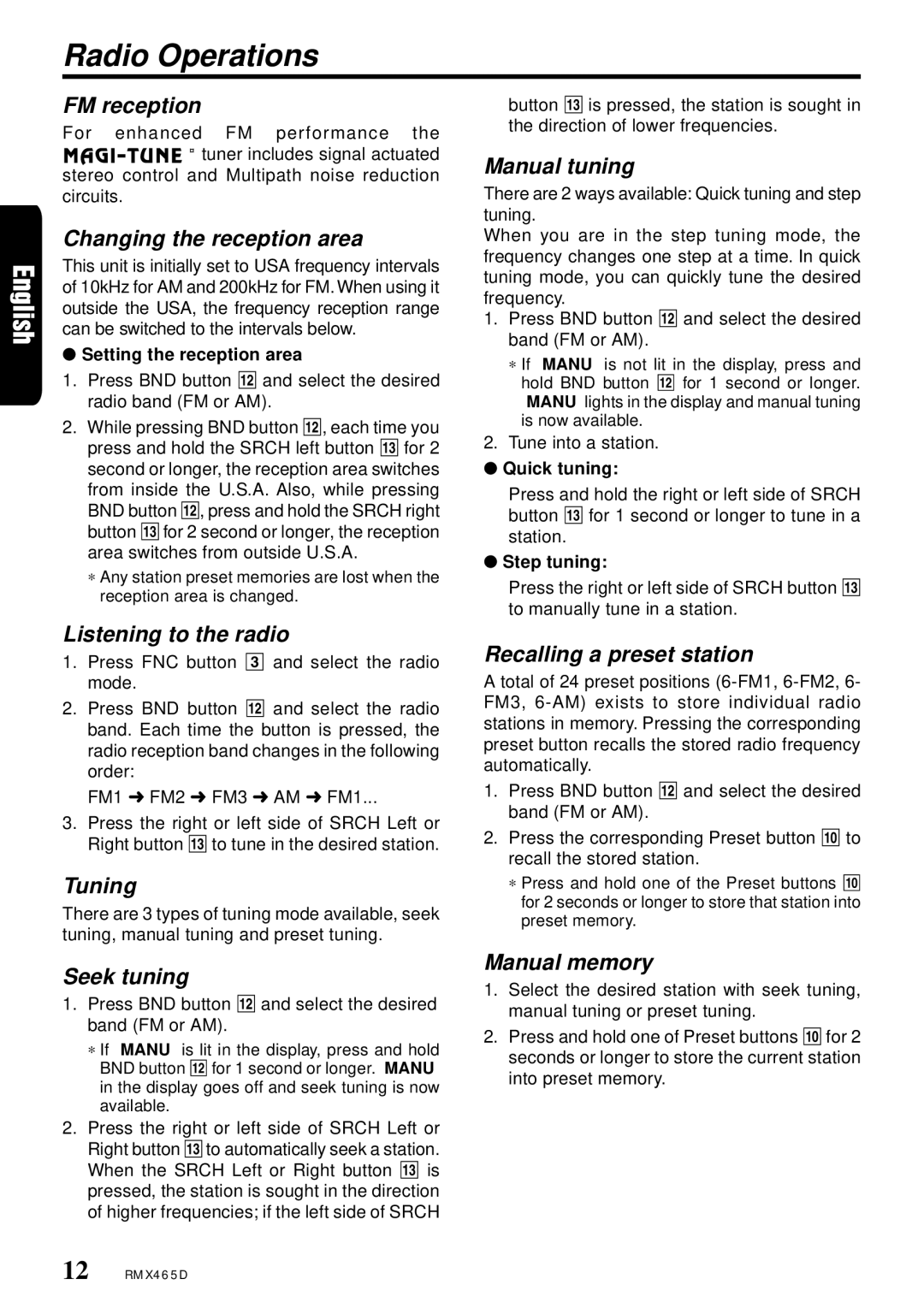 Clarion RMX465D owner manual Radio Operations 