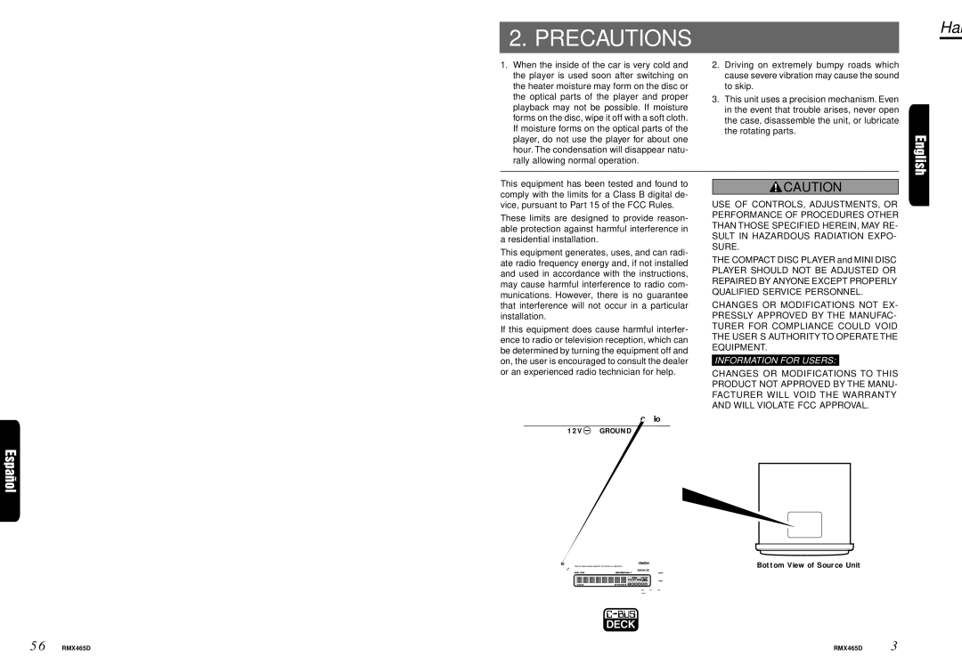 Clarion RMX465D owner manual Especificaciones Precautions, Handling MD 