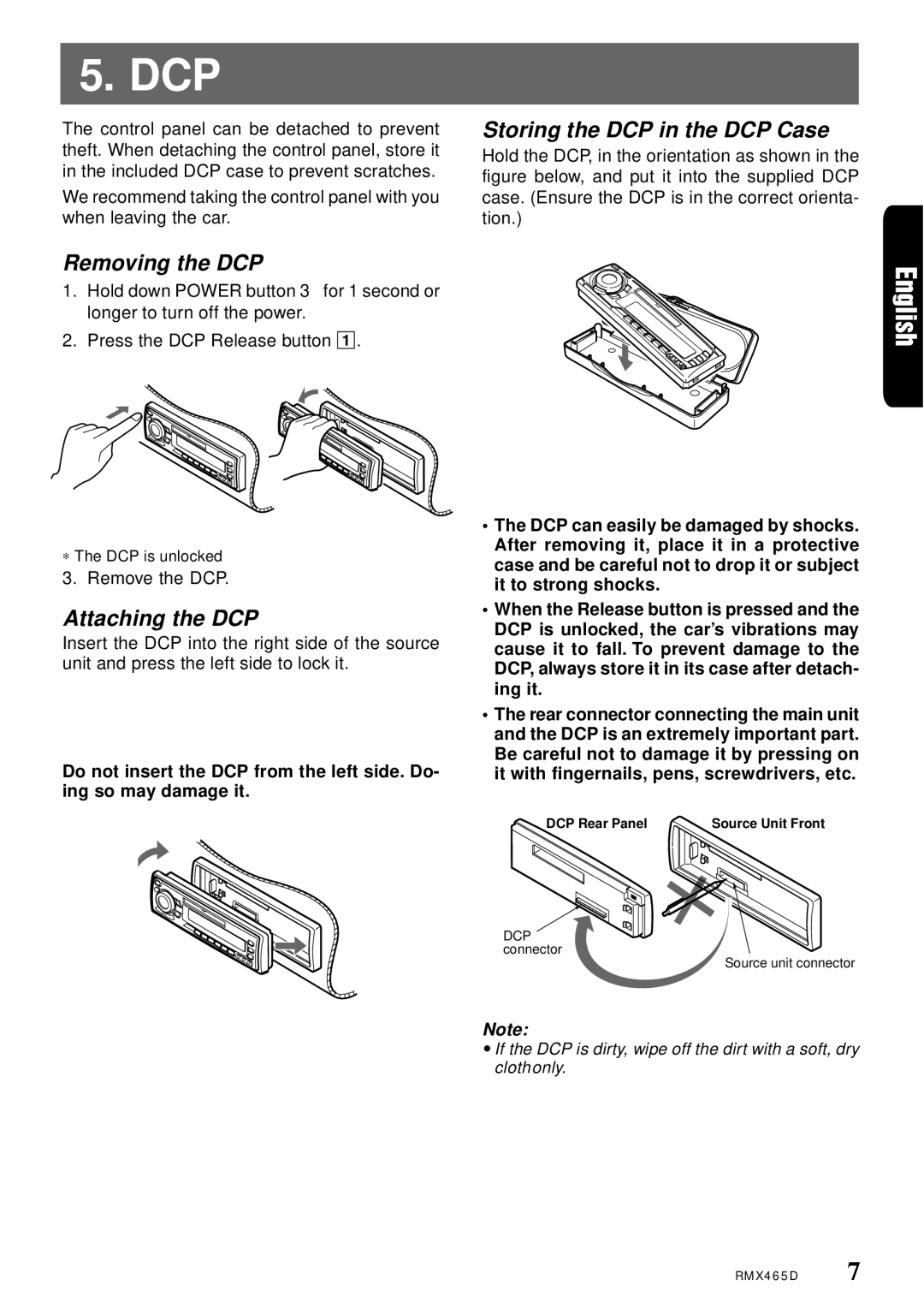 Clarion RMX465D owner manual Storing the DCP in the DCP Case, Removing the DCP, Attaching the DCP 