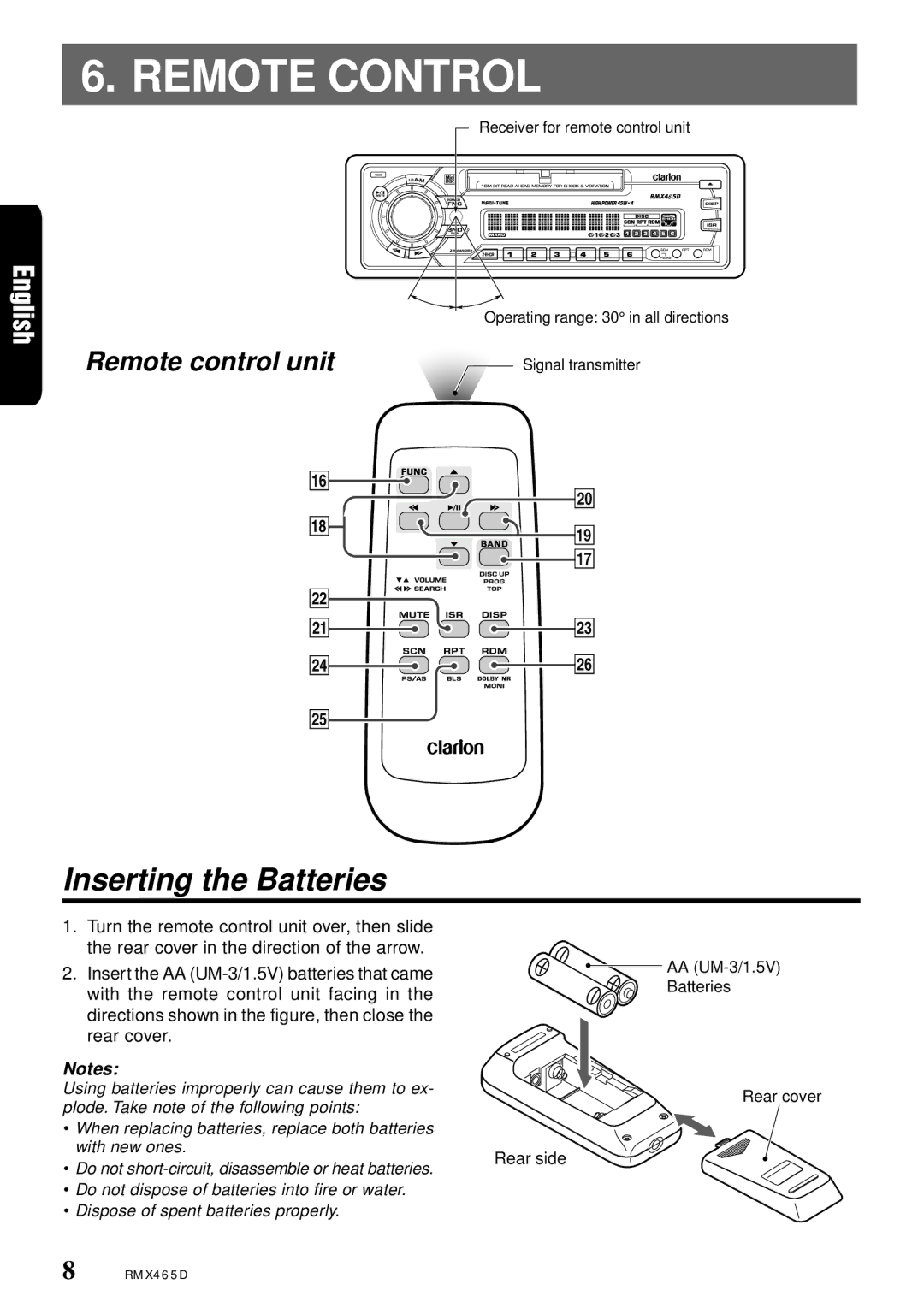 Clarion RMX465D owner manual Remote Control, Inserting the Batteries 