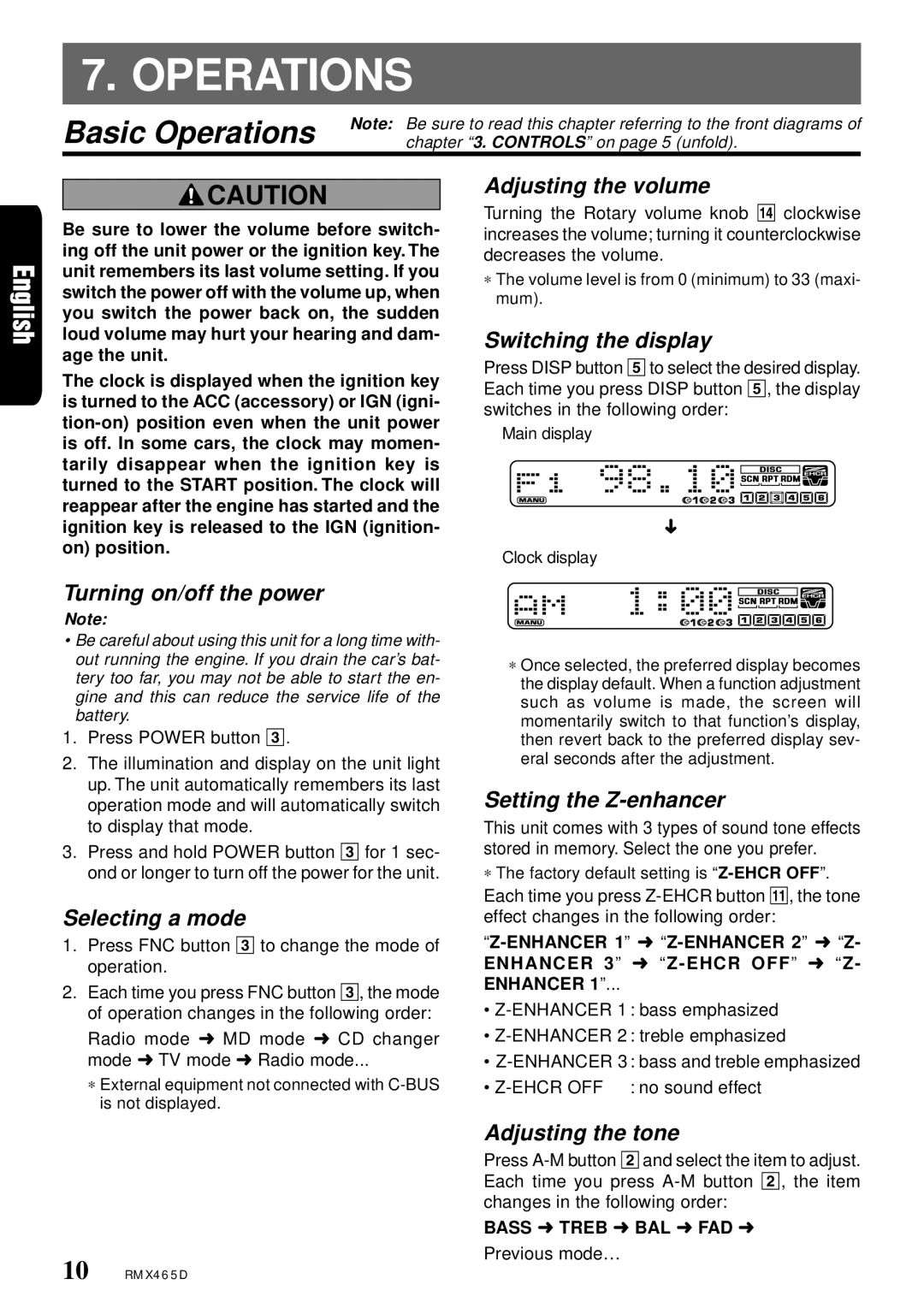 Clarion RMX465D owner manual Basic Operations 